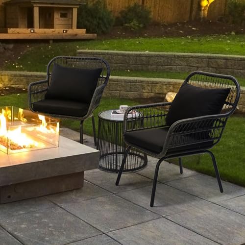 3 Piece Rattan Wicker Bistro Set, Outdoor Conversation Furniture Set with Glass Top Table, Space Saving for Balcony, Backyard, Natural