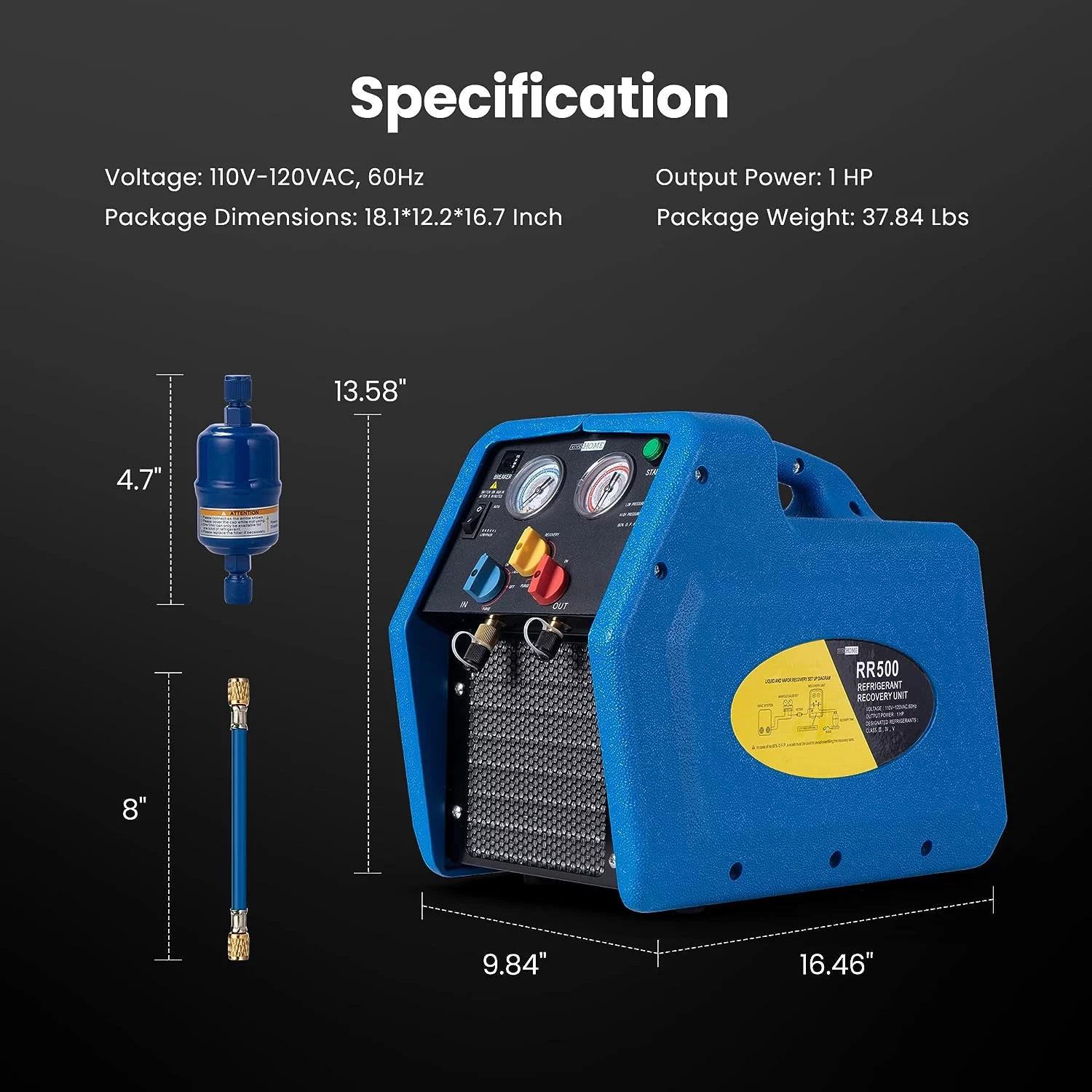 SPECSTAR R1234YF 1 HP Dual Cylinder Portable Refrigerant Recovery Machine Oil-Less Freon Recycling Unit for Vapor Liquid Refrigerant