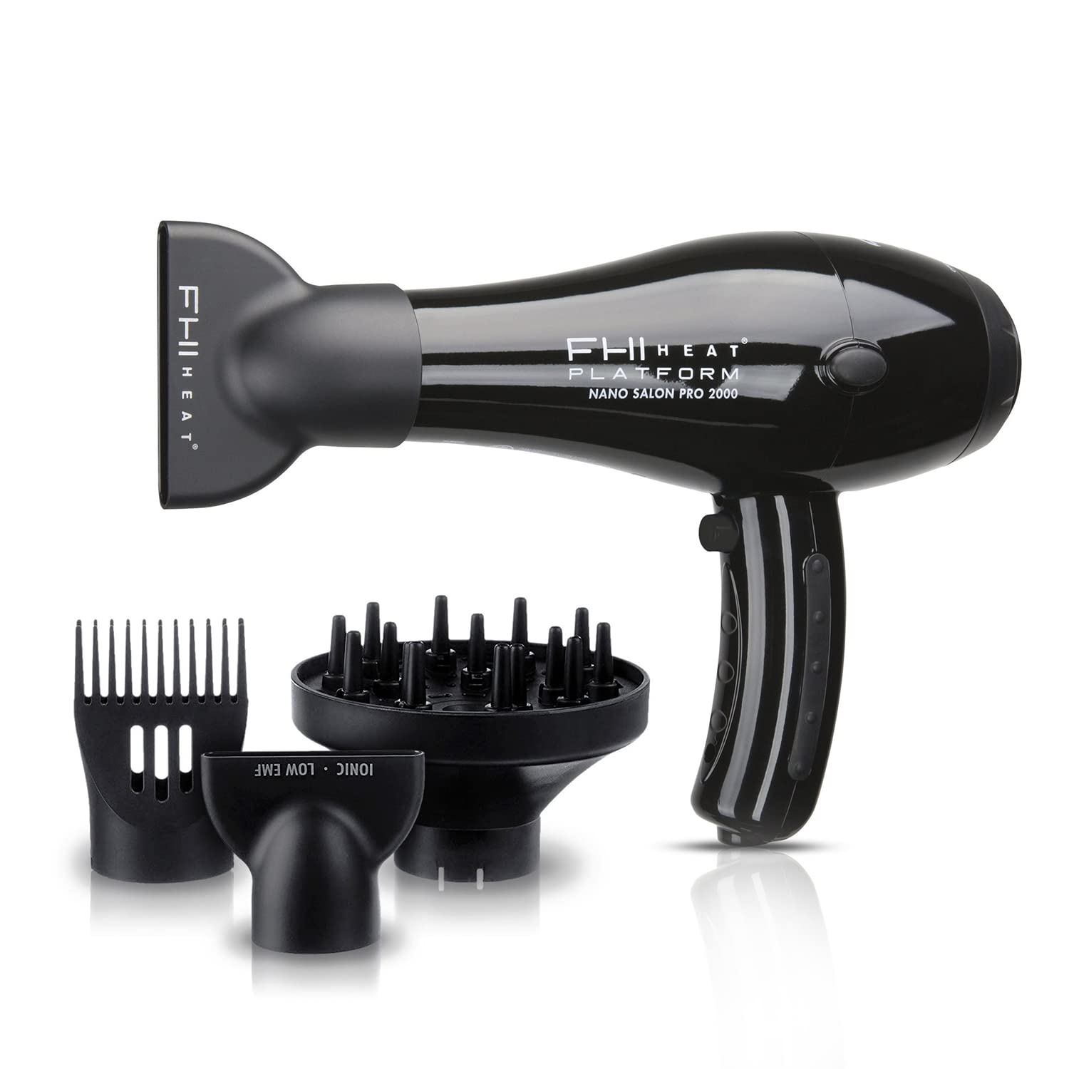 FHI HEAT Platform Nano Power Salon Pro 2000 Tourmaline Ceramic Quick Dry Hair Dryer with 3 Piece Attachment Set (Comb, Concentrator, and Diffuser)