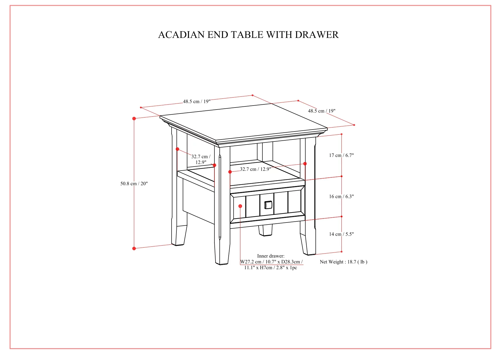 Simpli Home Acadian SOLID WOOD 19 inch Wide Square Transitional End Table with Drawer in Brunette Brown