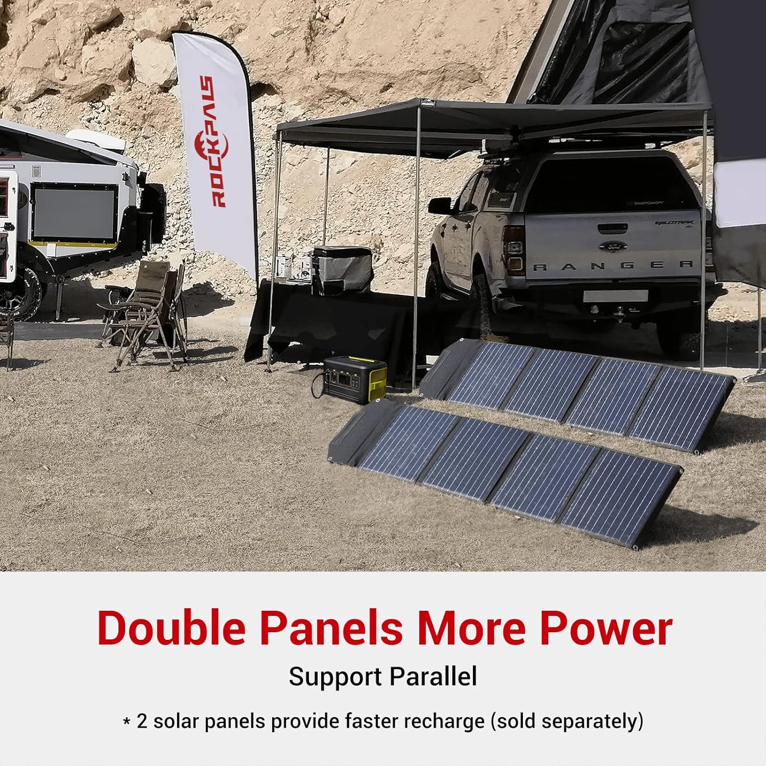 ROCKPALS RP082 100w Foldable Solar Panel Charger with Kickstand, Parallel Cable, QC 3.0 and USB-C