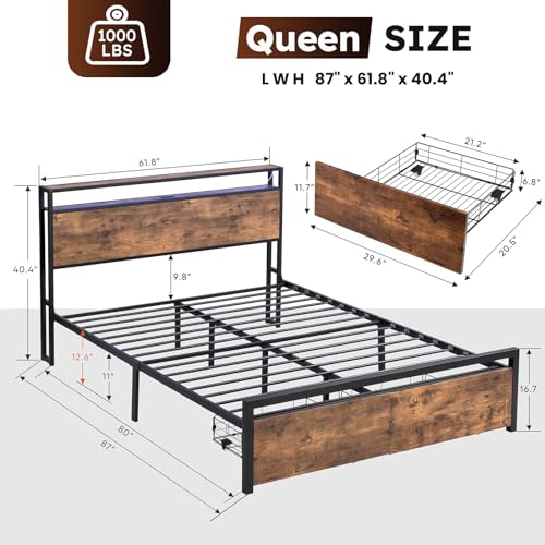 Full Size Bed Frame with Headboard, LED Platform Bed with 4 Storage Drawers, Built in Charging Station, Noise-Free, Metal Support Base