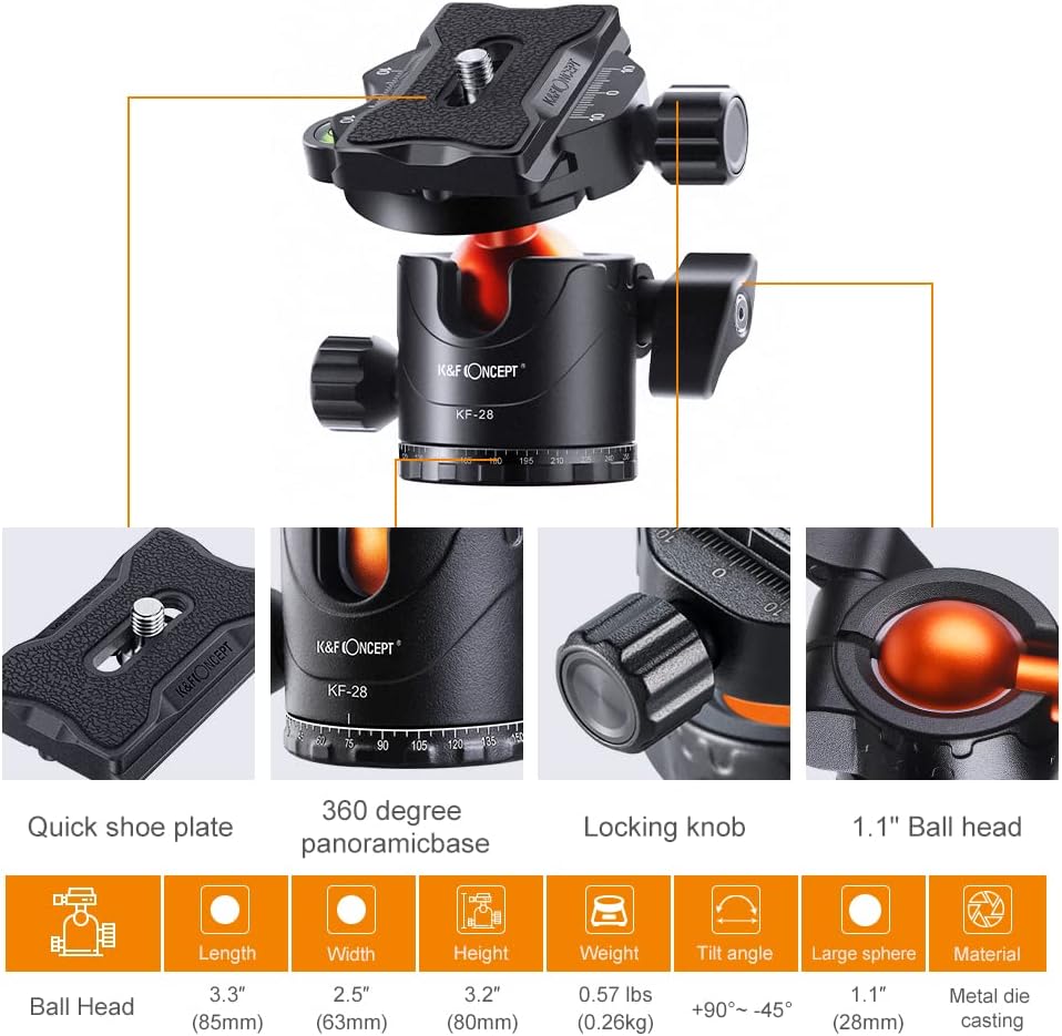 K&F Concept 67 inch Camera Tripods,K255A4+BH-28L (TM2515M1) Compact Travel Tripod with Monopod