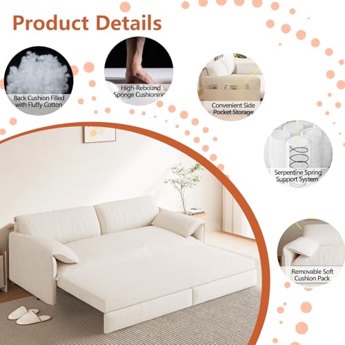 66-Inch Queen Size Convertible Sleeper Sofa Bed, 3-in-1 Pull-Out Futon Loveseat, Velvet Love Seat Couch with Side Pocket for Living Room, Office