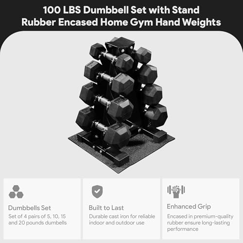 BalanceFrom Rubber Coated Hex Dumbbell Weight Set with Storage Rack, 100LB or 150LB or 200LB Set, 5-20 lbs or 5-25 lbs or 10-30 lbs Pairs