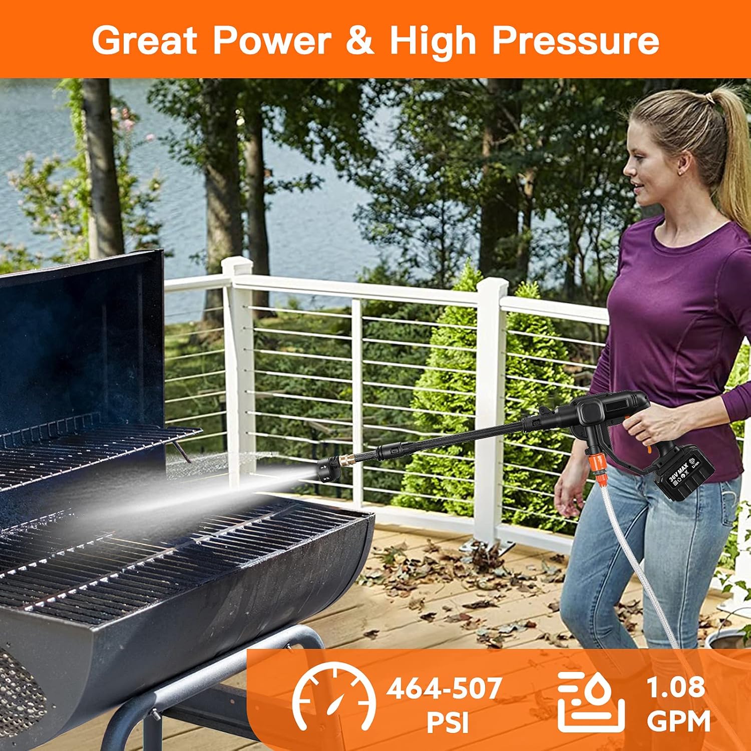 Cordless Power Washer, Portable Cordless Pressure Washer with 5-in-1 Spray Nozzle, 2.25Ah Battery, Max 507PSI / 1.08GPM for Washing Cars/Fences/Siding