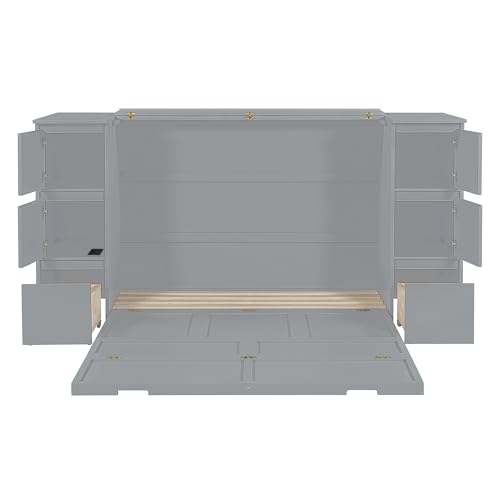 Full Size Murphy Bed with Drawers, Cabinets and USB Ports,Wood Murphy Bed Cabinet Bed Removable Shelves