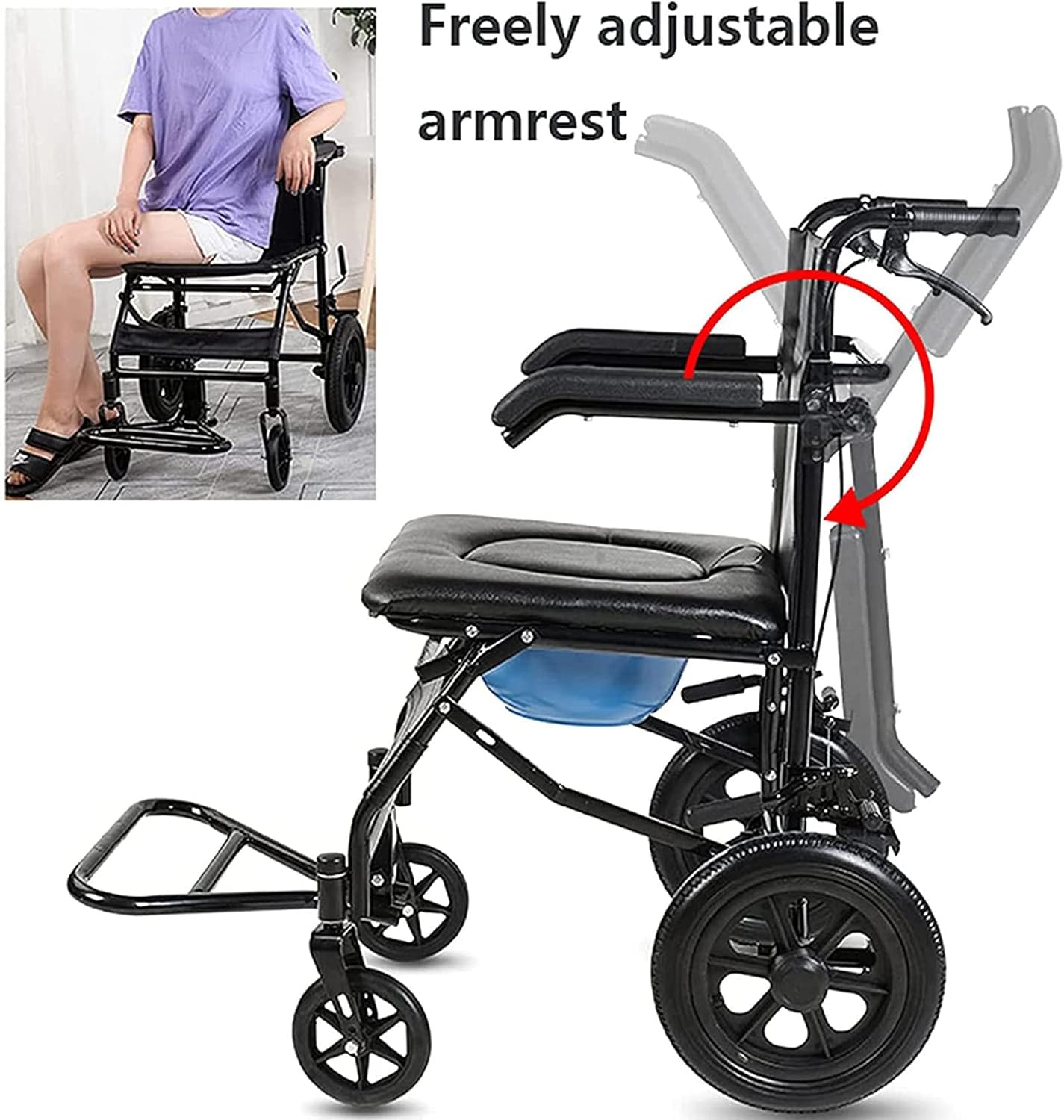 Bathroom Shower Chair, Multifunction Folding Bedside Commode Transport Wheelchair with 4 Wheels, Bathroom Toilet Seat for Elderly Disabled