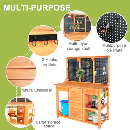 Outdoor Garden Potting Bench, Horticultural Wooden Workstation Table with Storage Drawer, Cabinet, Metal Pegboard