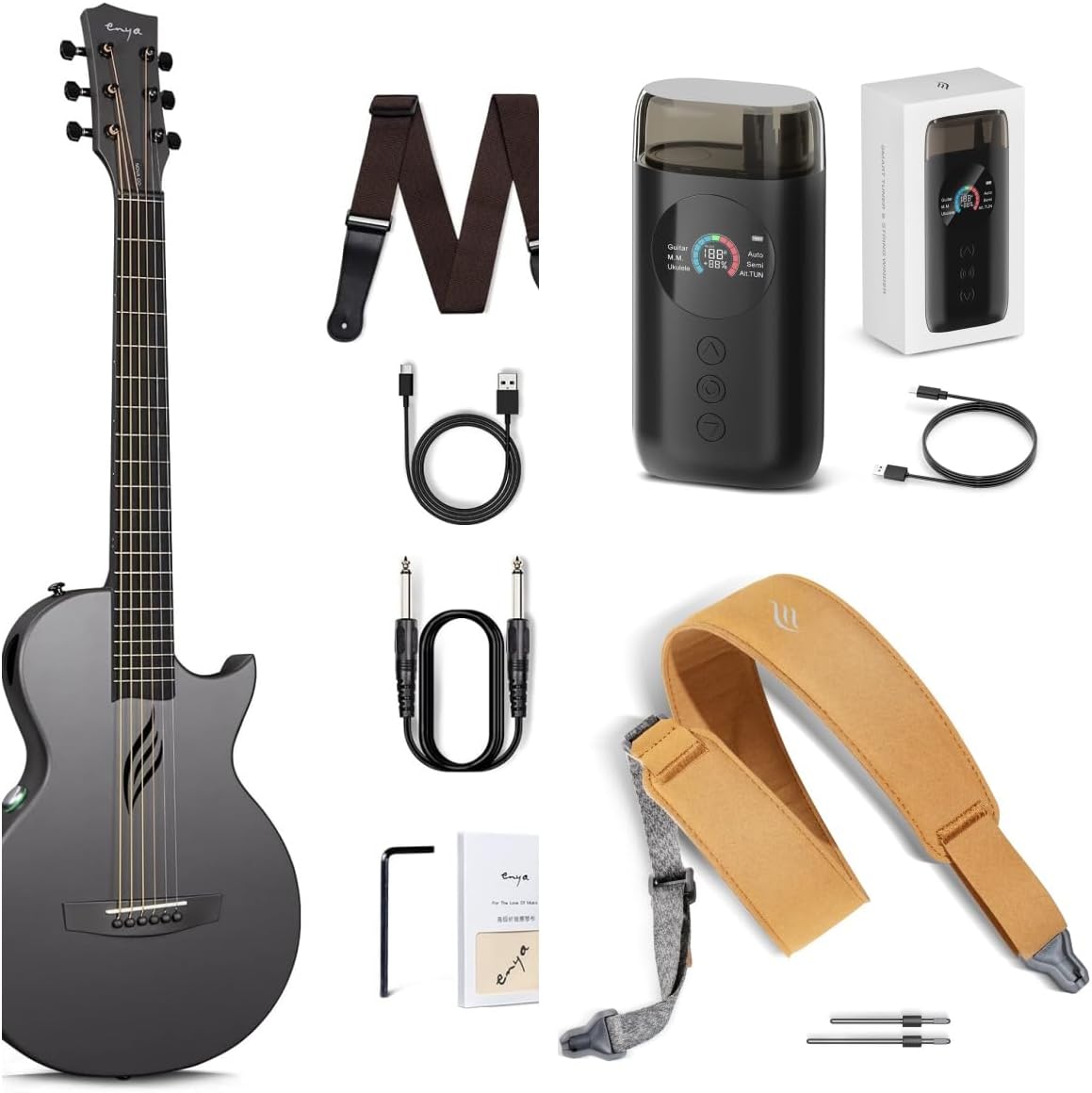 Enya NOVA Go SP1 Carbon Fiber Acoustic Electric Guitar with Smart AcousticPlus 35 Inch Travel Acustica Guitarra Starter Bundle Kit(Black) & Enya