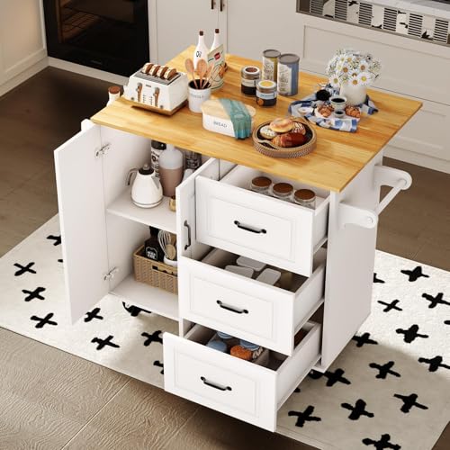 4 EVER WINNER Rolling Island with Storage and Drop Leaf, Marble Tabletop, Kitchen Carts on Wheels with Towel Rack & Spice Rack