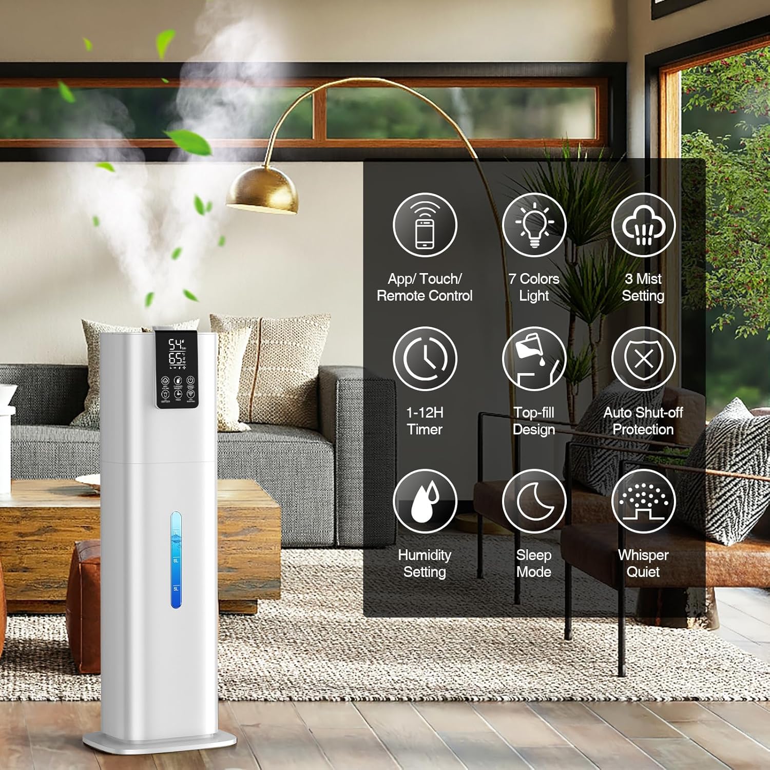 Smart Humidifiers Large Room Bedroom Home, 8L Top Fill Cold Mist Humidifiers with 3 Adjustable Mist Levels, Smart App & Remote Control, 48H Runtime