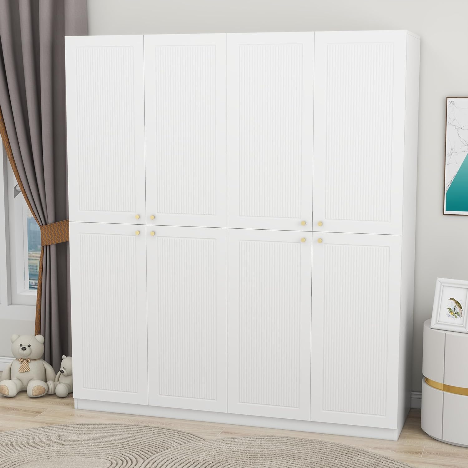 4 Door European Modern Wardrobe, Wood White Armoires with 2 Storage Drawers, Bedroom Armoires Clothes Storage Cabinet with Clothing Rods and Shelves