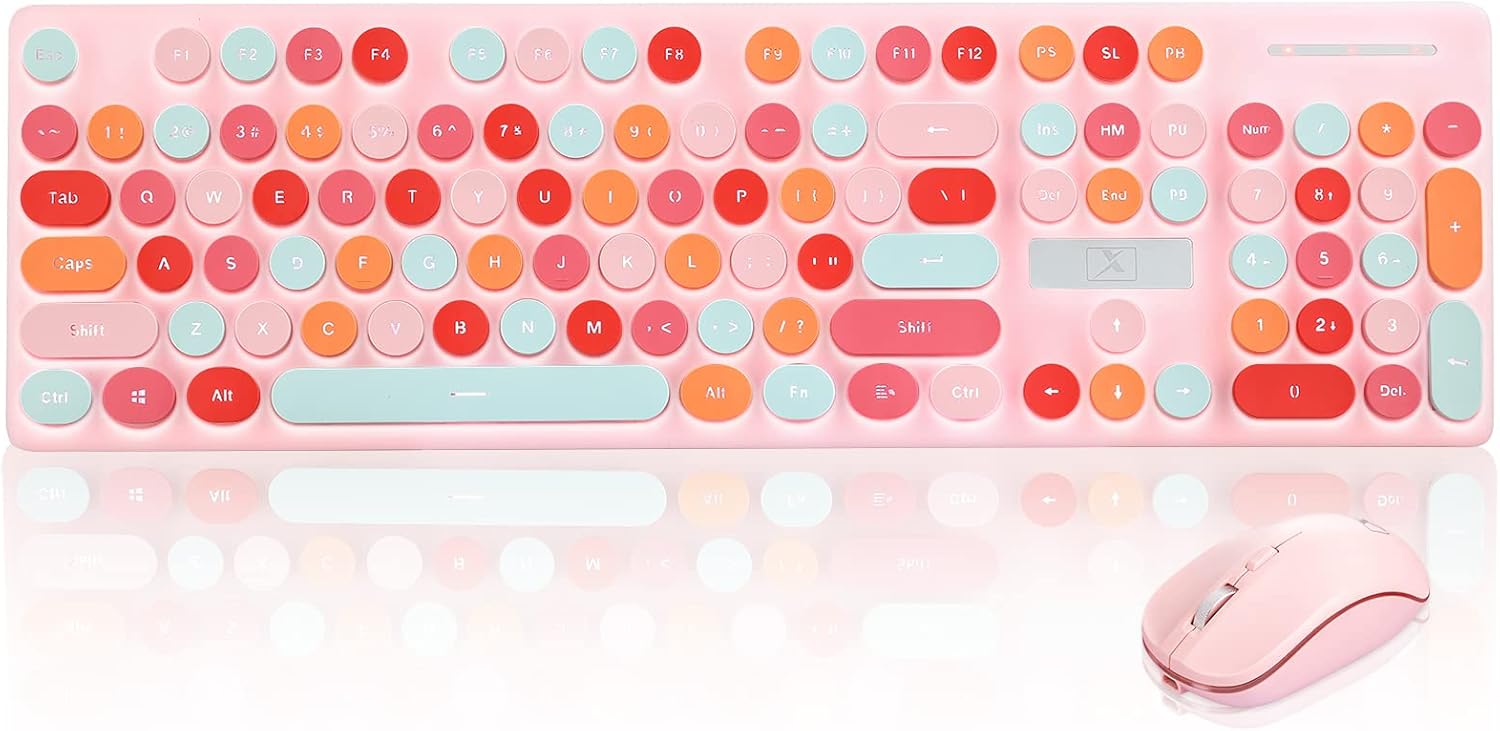 E'LIXEFE Wireless Keyboard and Mouse Combo,White Backlight Cute Round Retro Typewriter Keycaps Ergonomic Keyboard for Computer, Laptop,Desktop,PC