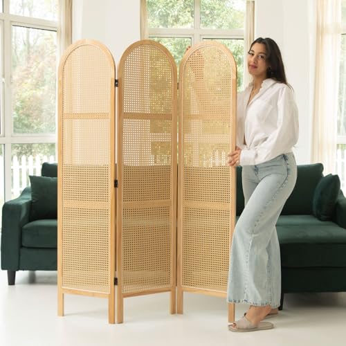 Room Divider and Folding Privacy Screens, Pine Wood 5.6 Ft Double Hinged Rattan Partition Freestanding Wall Room Divider for Home - 3 Panels