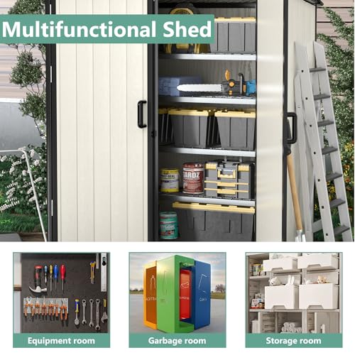 Aoxun Outdoor Storage Shed 5 x 3FT, Resin Shed with Floor and Lockable Door, Plastic Sheds for Garbage Can, Tool, Accessories, Lawn, Garden - Grey