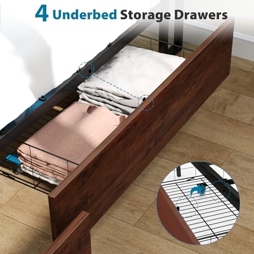 Queen Size Bed Frame with 4 Storage Drawers, LED Platform Bed with Headboard, Built in Charging Station, Noise Free, Stable and Solid