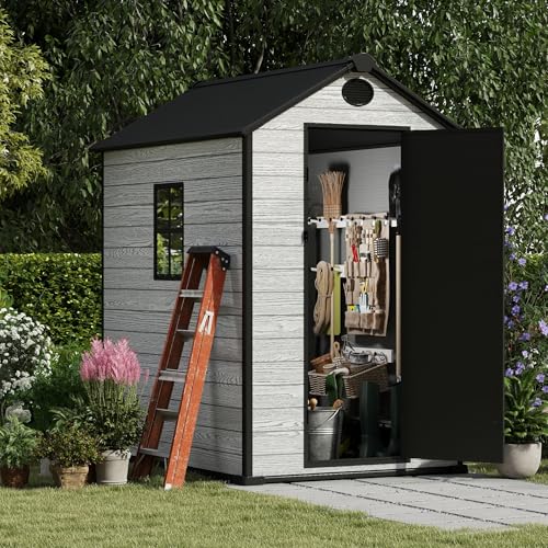 4.4x6 FT Resin Outdoor Storage Shed, 230 Cuft Garden Tool Sheds & Outdoor Storage Plastic Shed with Floor