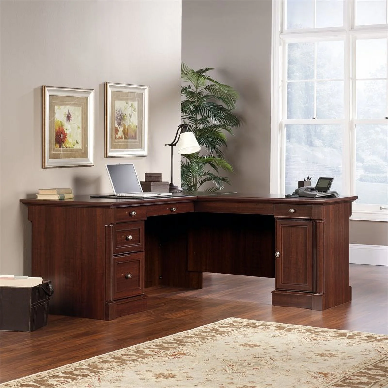 Kingfisher Lane L-Shaped Contemporary Engineered Wood Desk in Select Cherry