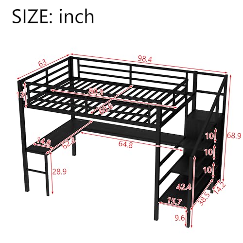 Bellemave Full Size Metal Loft Bed with L Shaped Desk and Wardrobe, Heavy Duty Loft Bed Frame with Storage Stairs