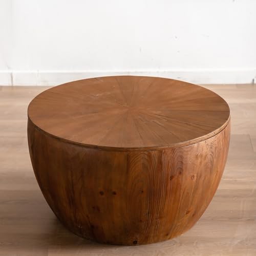 31.50" Farmhouse Wood Round Cofee Table for Living Room - Vintage Style Bucket Shaped Coffee Center Table with Storage Function
