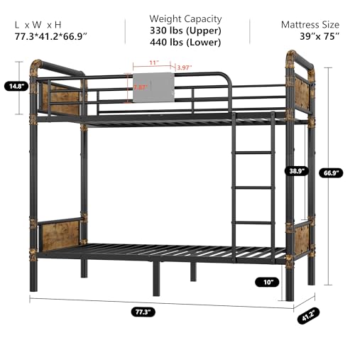 2 IN 1 Metal Bunk Bed Twin Over Twin, Convertible Twin Bunk Beds into 2 Individual Twin Size Bed for Kids Adults, 14.8" High Guard Rail