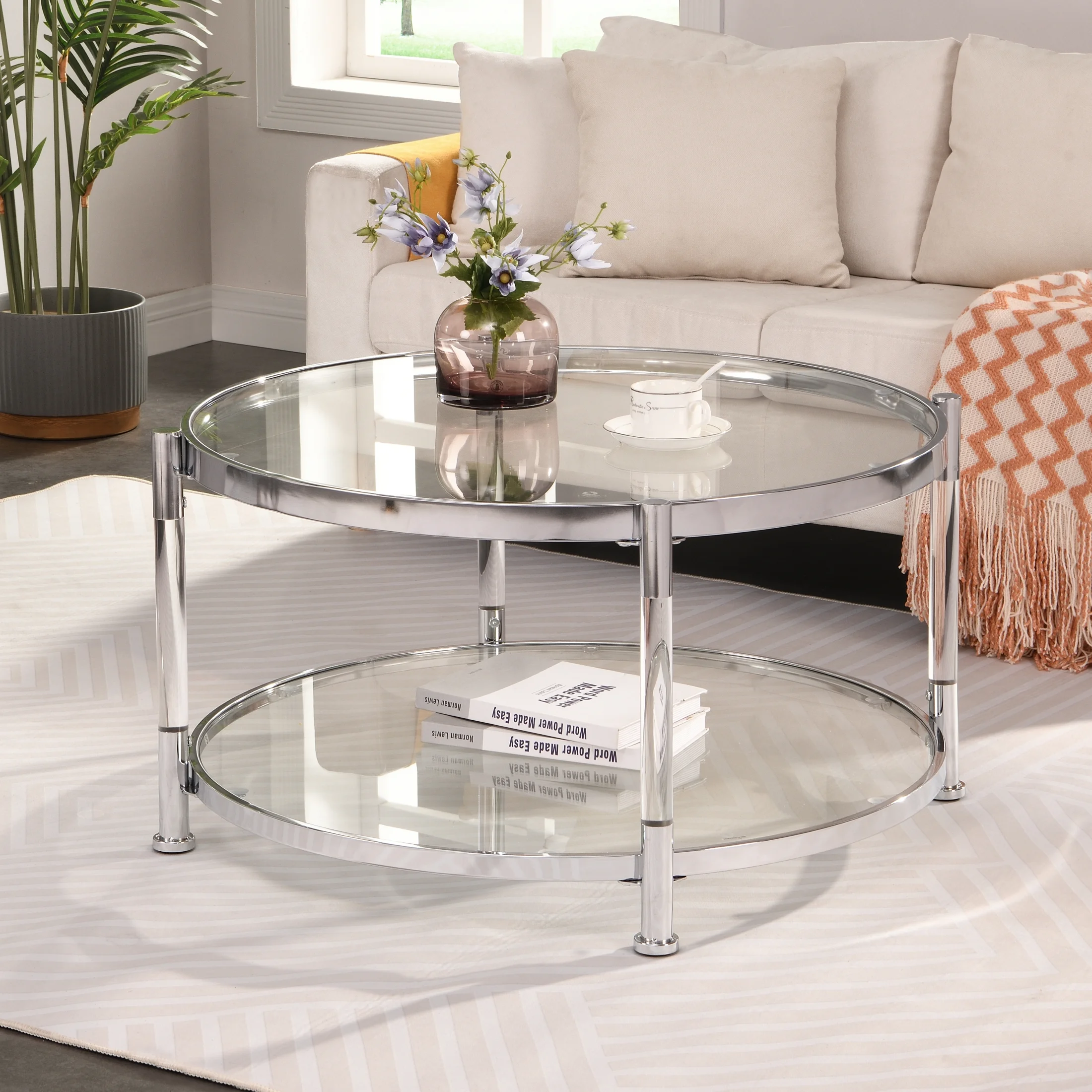 Contemporary Acrylic Coffee Table, 32.3'' Round Tempered Glass Coffee Table, Chrome/Silver Coffee Table for Living Room