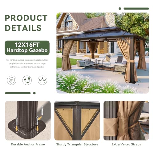 Aoxun 12'x10' Hardtop Gazebo, Aluminum Frame Permanent Pavilion with Curtains and Netting, Outdoor Polycarbonate Double Roof Canopy
