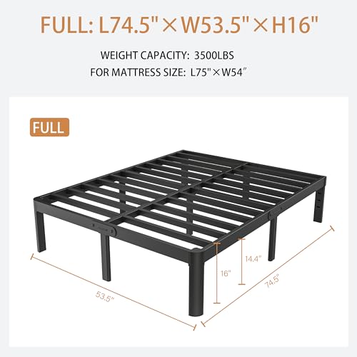 Full Size Bed Frame No Box Spring Needed, 14 Inch Metal Full Bed Frame, DIY Headboard Holes, Heavy Duty Steel Support 3500 LBS, Noiseless