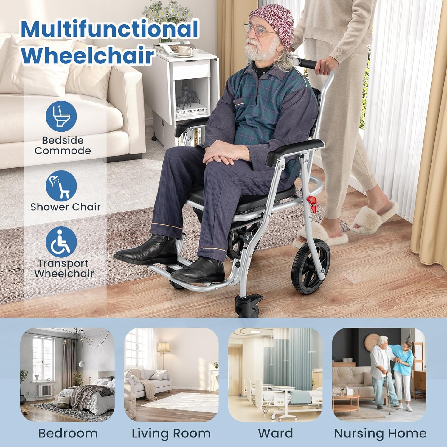 Giantex Bedside Commode Wheelchair for Toilet - Foldable Shower Chair with Arms, Lockable Casters, Detachable Bucket, Transport Wheelchair