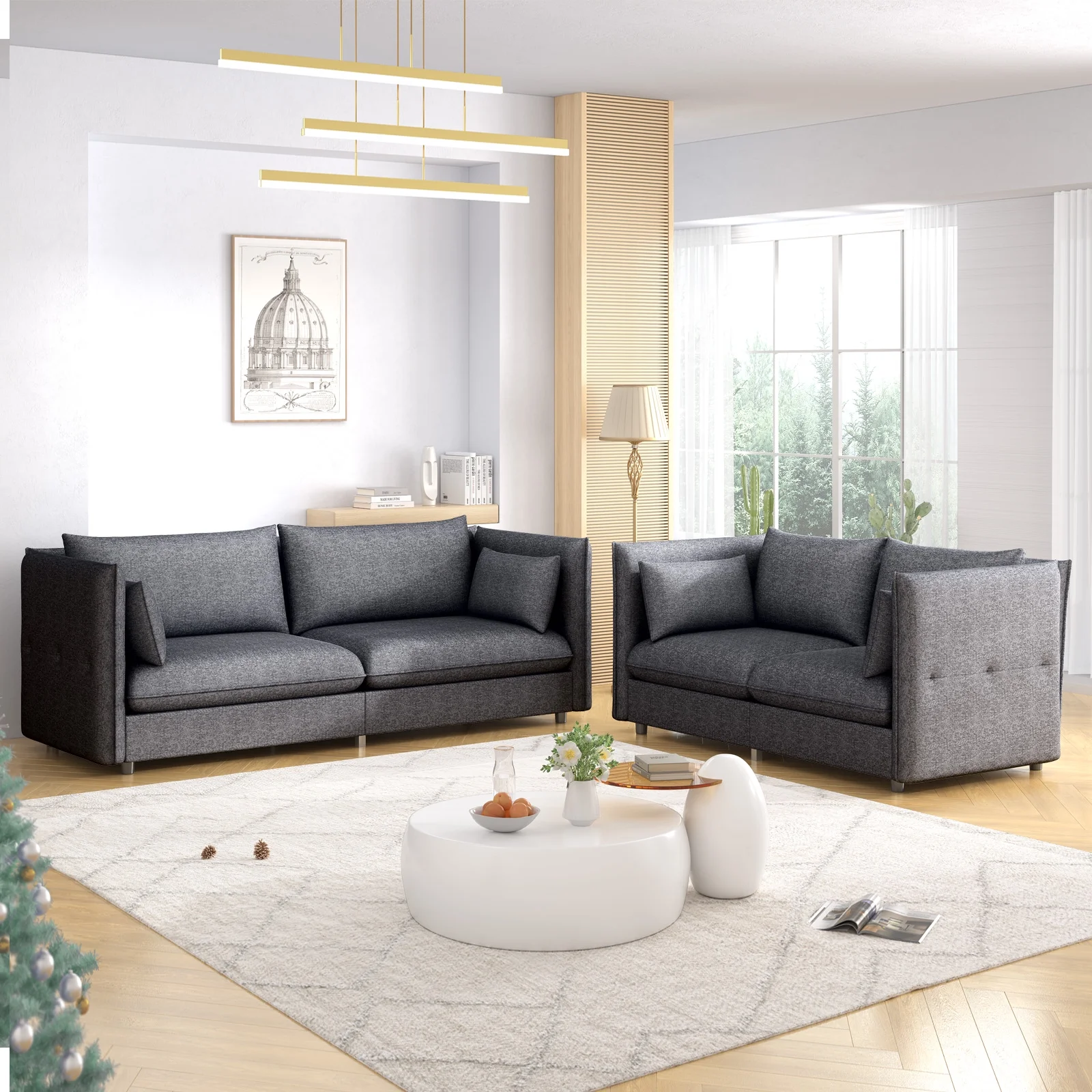 Mjkone Modern 2 Pieces Living Room Furniture Sofa Sets with Adjustable Armrest,Include Sofa&Loveseat,Linen Fleece Upholstered Couch Set,Dark Grey