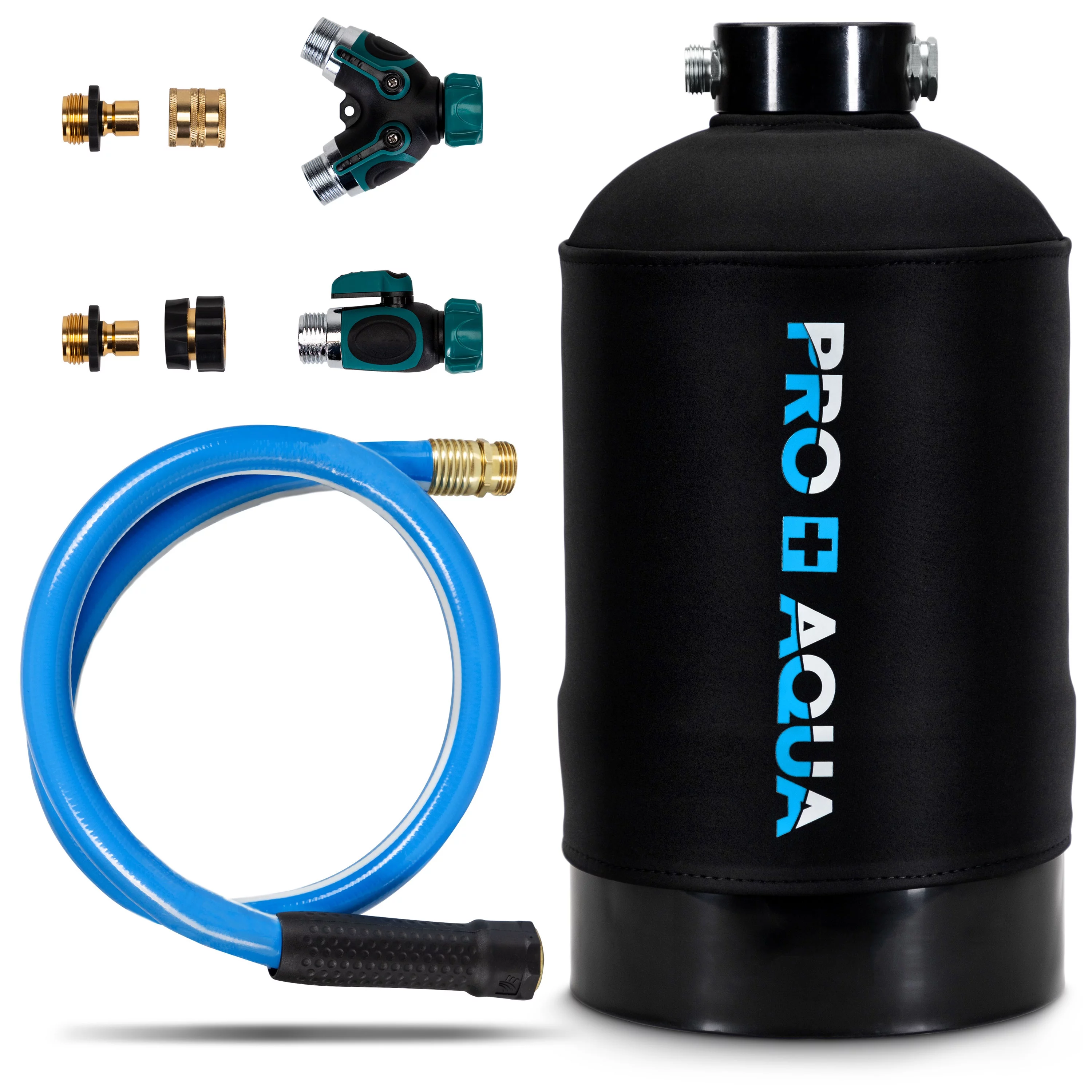 PRO+AQUA Portable RV Water Softener, 16,000 grain, Pre-filled high-capacity resin, Neoprene shield, w/ connectors