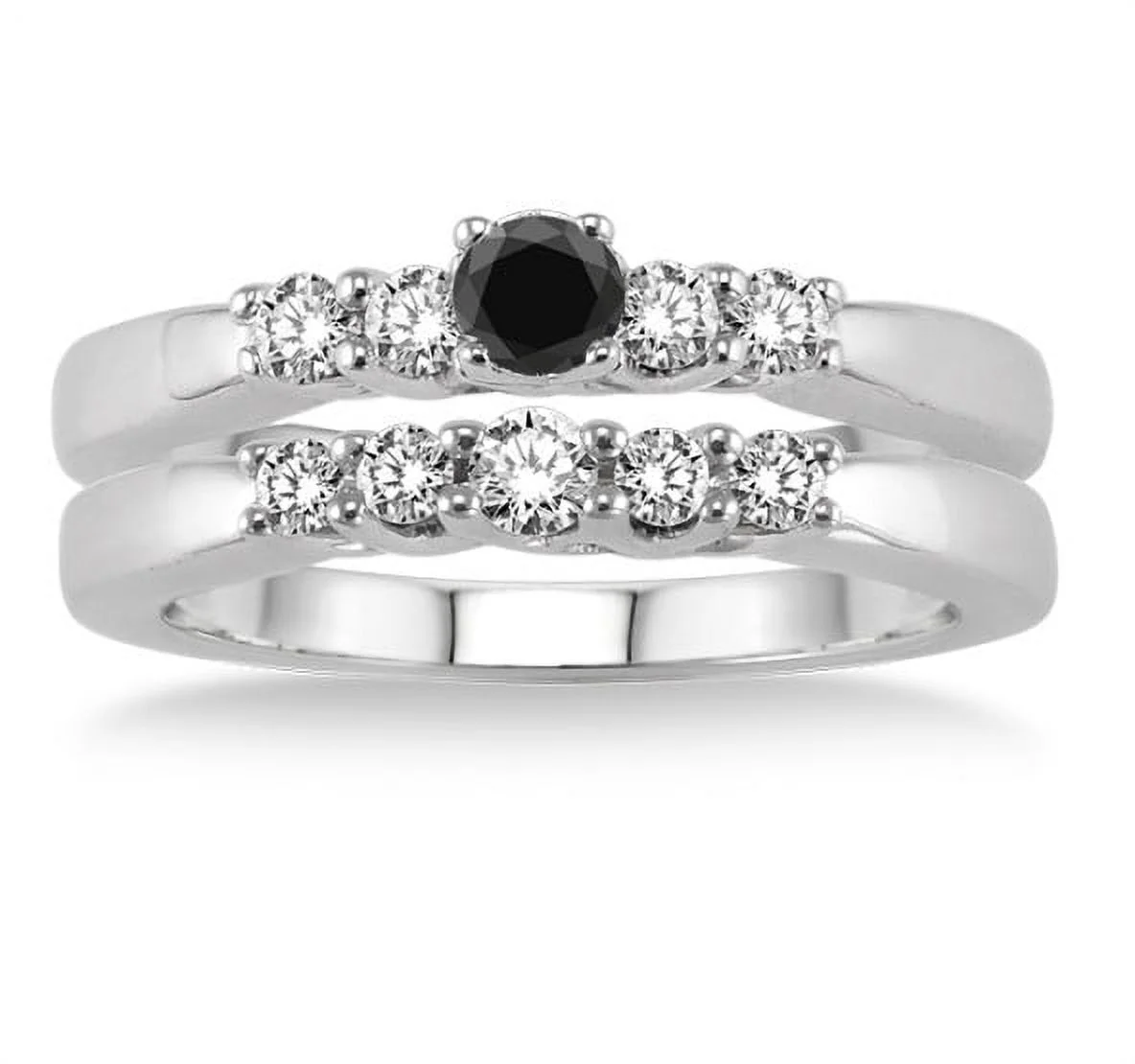 1.25 Carat Black Diamond Elegant 5 stone Bridal Set on 10k White Gold