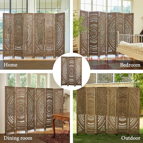 66.9Inch Folding Room Divider, 6 Panels Wood Carved Privacy Screens