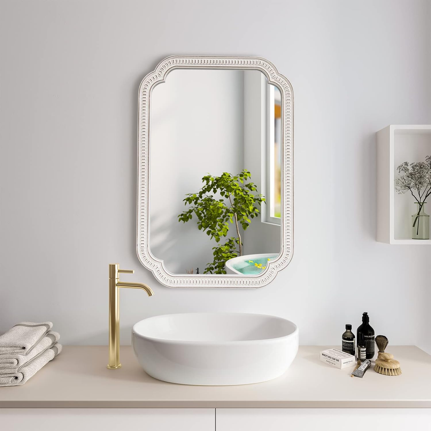 Farmhouse-Mirror, Large Wood Frame Wall-Mirror-Decorative with Arched Corners, 36 x 25 in Farmhouse Bathroom Vanity Mirror