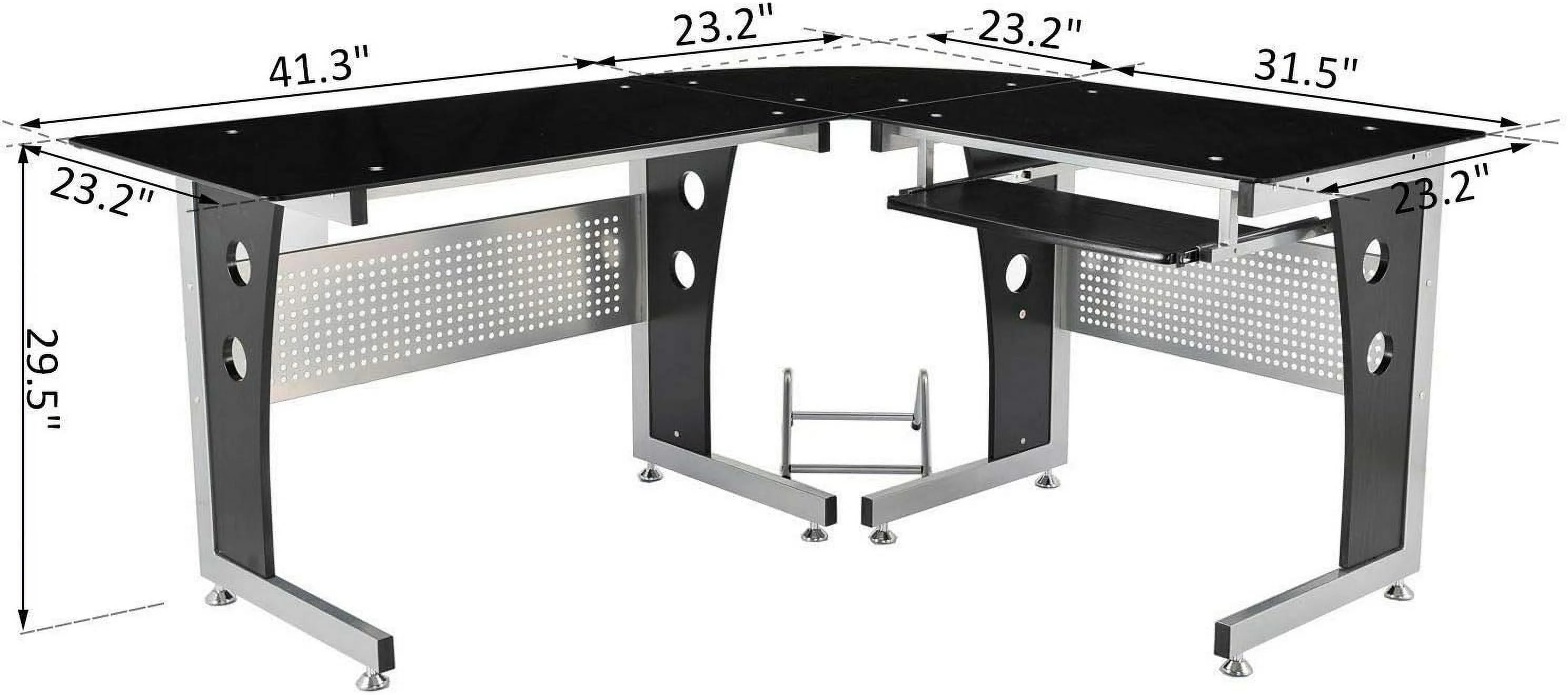 Black L-Shape Corner Tempered Glass Top Computer Desk Slide-Out Keyboard Tray CPU Tower Stand Laptop Notebook PC Workstation Study Writing Reading