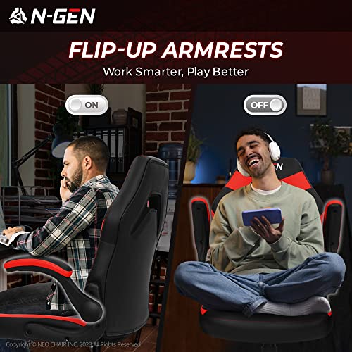 N-GEN Video Gaming Computer Chair Ergonomic Office Chair Desk Chair with Lumbar Support Flip Up Arms Adjustable Height Swivel PU Leather Executive