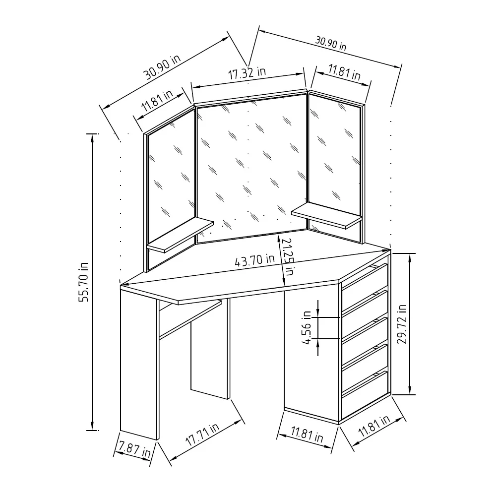 Roomsmart Corner Makeup Vanity Desk with 3 Mirrors and 5 Drawers