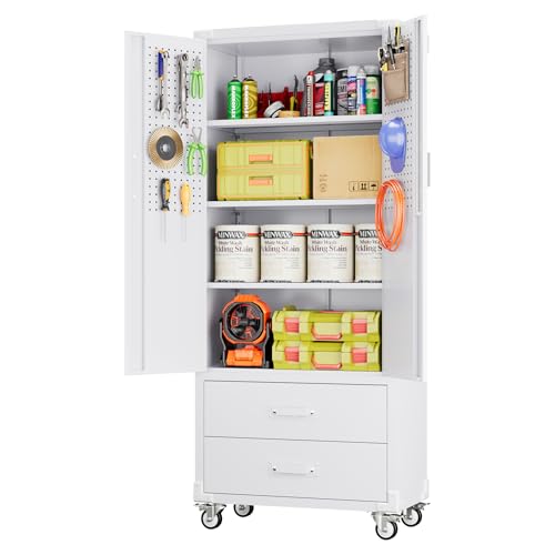 Aobabo 71" H×32" W×16" D Metal Storage Cabinet with Wheels, Garage Steel Storage Cabinet with 5 Adjustable Shelves and 4 Hooks for Home Office