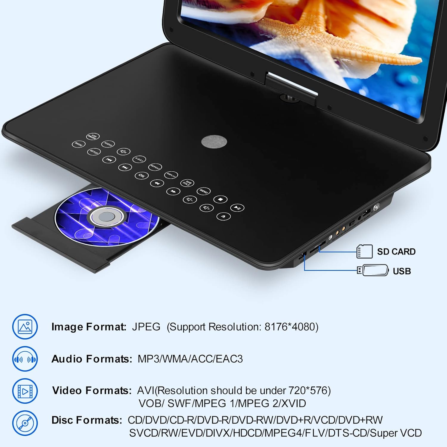 19.6" Portable DVD Player with 17.1" HD Swivel Screen, 4H Rechargeable Battery, Support USB/SD Card/Discs/Sync TV, Dual Stereo Speakers, Last Memory