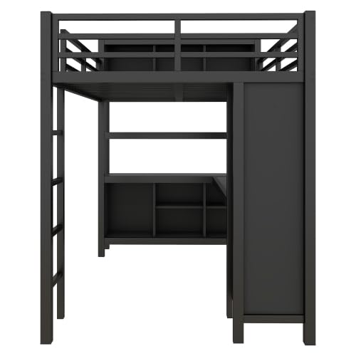 Metal Loft Bed with Wardrobe and L-Shaped Desk, Full Size Loft Bed with Storage Cubes and Shelves, Heavy Duty Loft Bed for Kids Teens, White