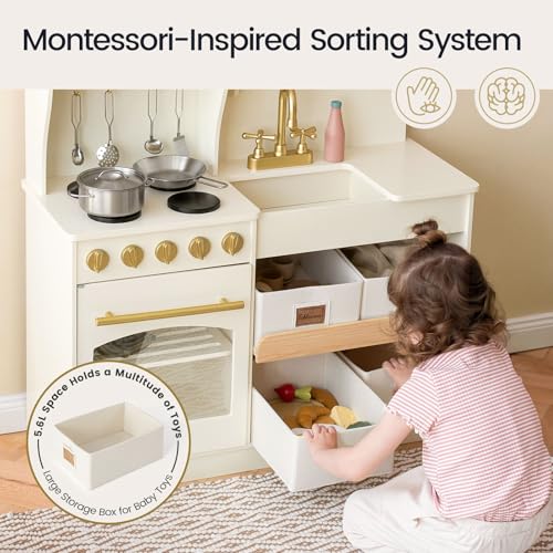 Tiny Land Play Kitchen for Kids with Enhanced Storage – Modern Toddler Kitchen Playset with Stove, Sink & Accessories, Organized Wooden Toy Kitchen