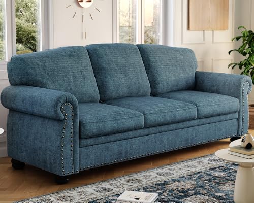 90 Inch Nailhead Trim Couch for Living Room, 23 Inch Deep Seat Rolled Arm Sofa, Comfy Upholstered 3 Seater Chenille Couch w/Wooden Leg