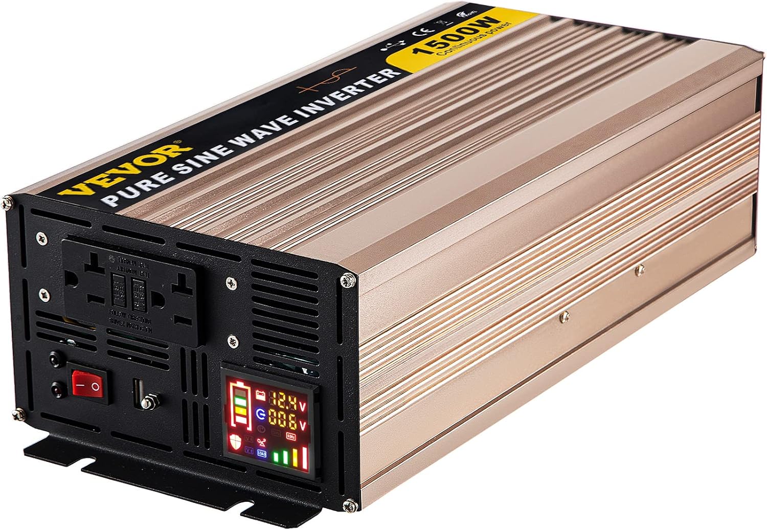 VEVOR Pure Sine Wave Inverter, 1500 Watt Power Inverter, DC 12V to AC 110V Car Inverter, with LCD Display, 5V USB Port
