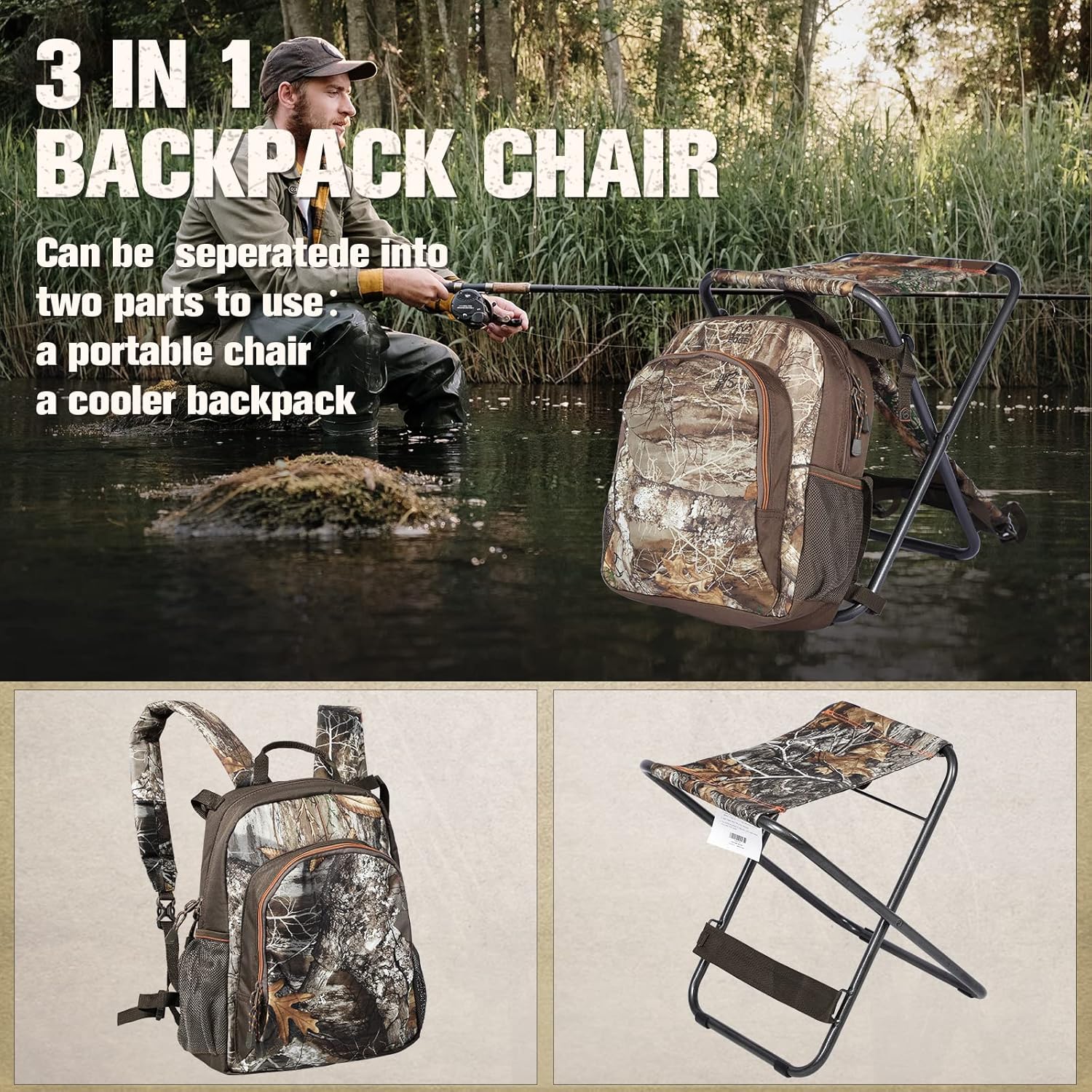 TIMBER RIDGE 3 in 1 Cooler Backpack Foldable Fishing Chair with Cooler Bag, Compact Lightweight and Portable for Outdoor, Camping, Hiking(CAMO)