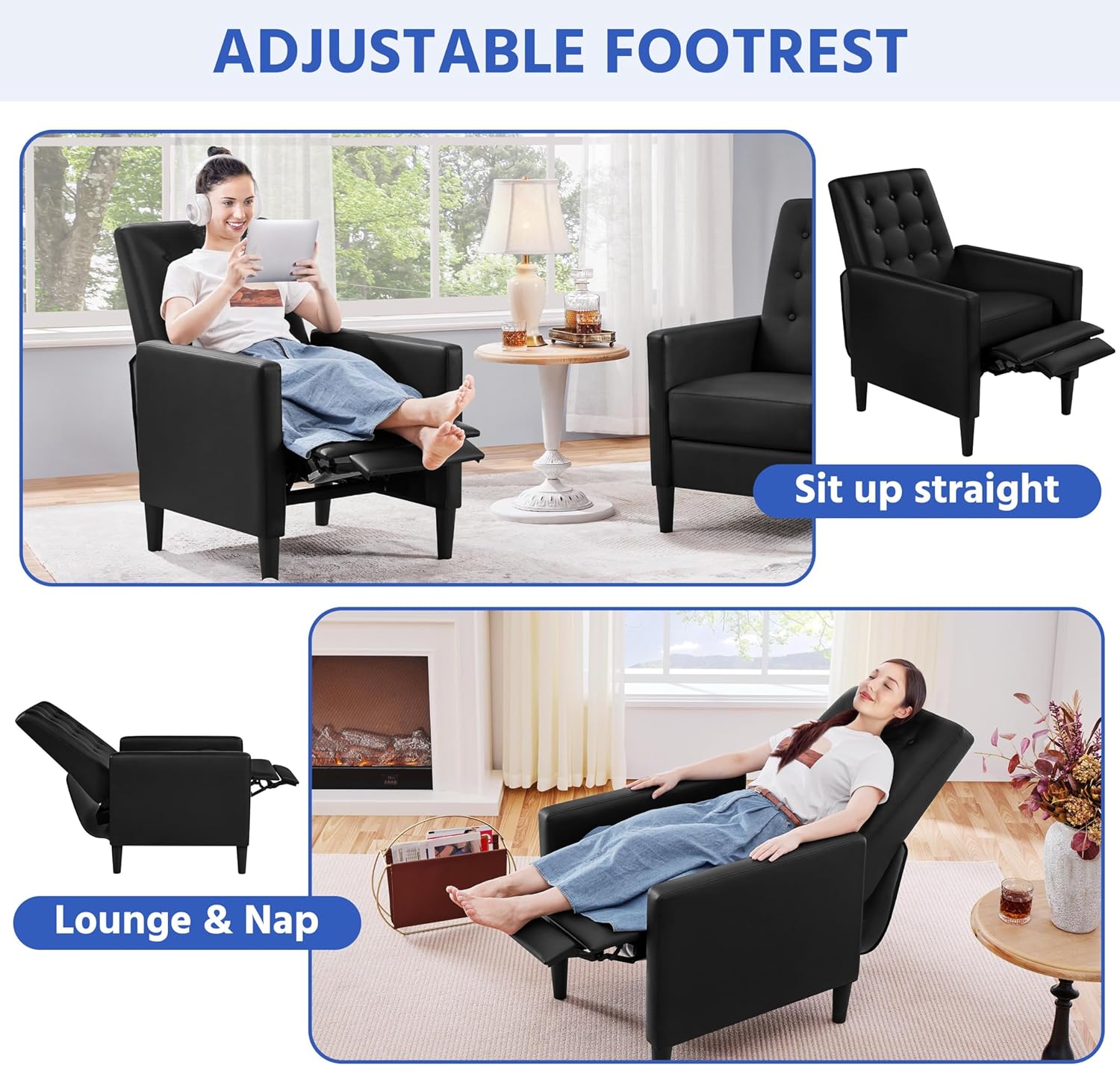 TJUNBOLIFE Faux Leather Recliner Sofa Mid-Century Modern Single Reclining Chair Adjustable Back &amp