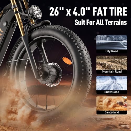 Dual Motor Electric Bike Peak 3000W, 52V 20AH Battery E Bike for Adults 26 Inch Fat Tire Mountain Electric Bicycle 38 MPH