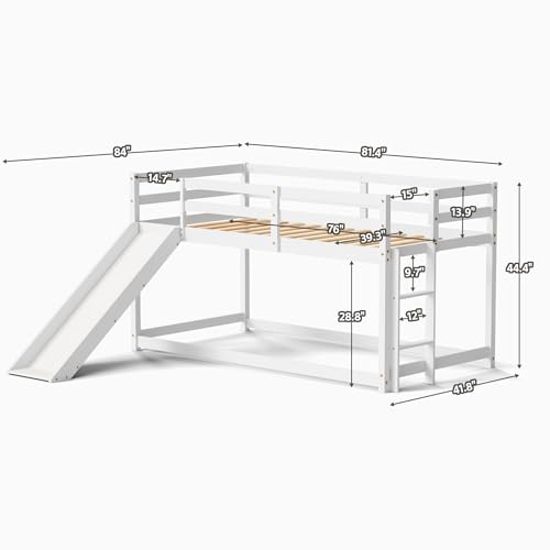OLEAD Low Bunk Bed with Slide, Floor Loft Bed with Climbing Ladder, Wood Twin Bunk Bed Frame with Full Guardrails & Storage Space for Kids Toddler