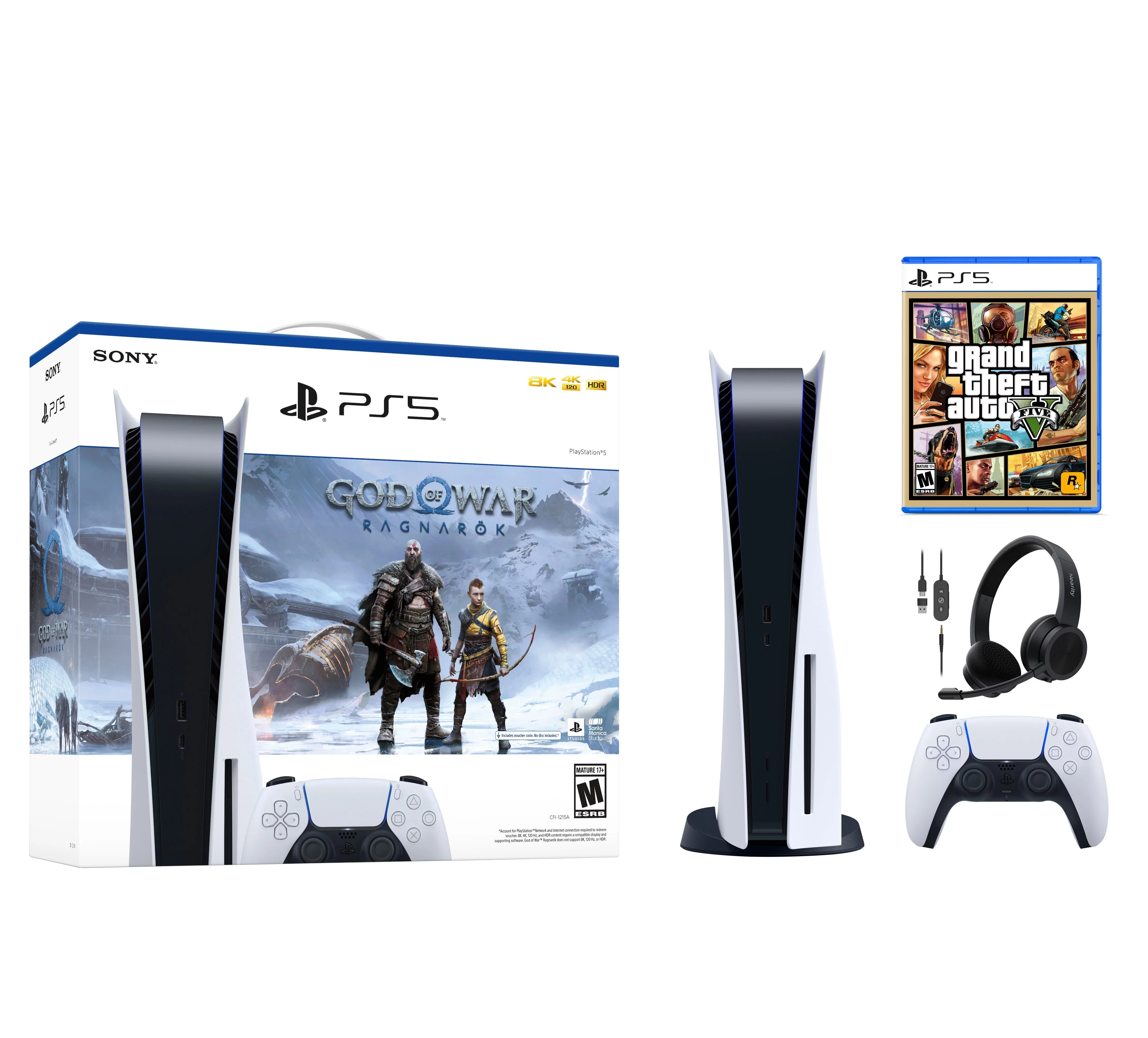 Sony Play Station 5 PS5 Disk Console Bundle God of War Ragnar&ouml;k, Grand Theft Auto V, Nearity HP10 Headset with Microphone