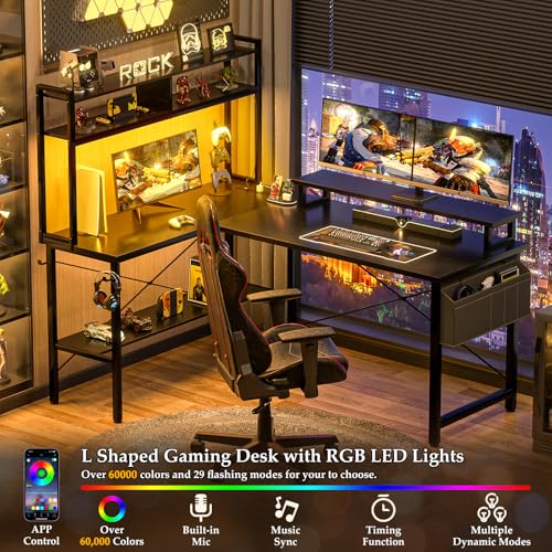 Aheaplus L Shaped Gaming Desk with Power Outlets & LED Lights, Small L- Shaped Desk Computer Corner Desk with Monitor Stand & Storage Shelf